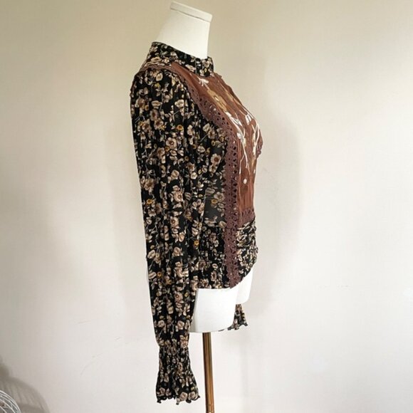 Embroidered Floral Blouse Womens M Boho Prairie Western Folk Open Back Romantic - Picture 6 of 12